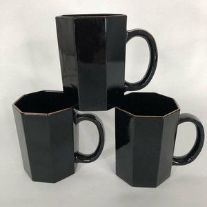 3 Arcoroc Black Shanghai Mugs Gold Trim Octime Octagon Made France Coffee Cups